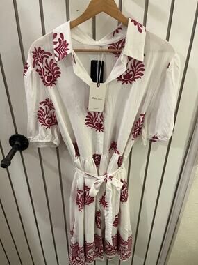 Fashion Space White and Red Embroidered Dress Size 3XL